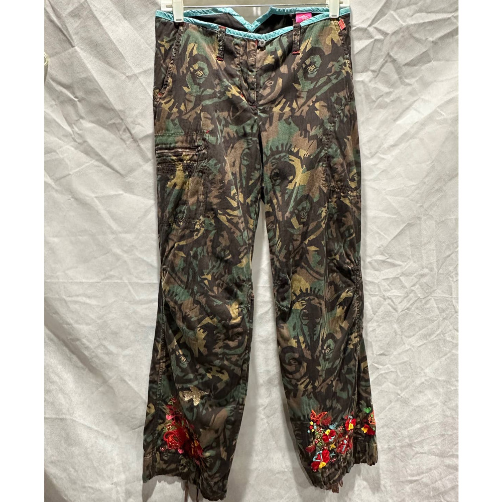 Vintage Oilily Shades of Green Jungle Print Boho Embroidered Pants - Sz -34